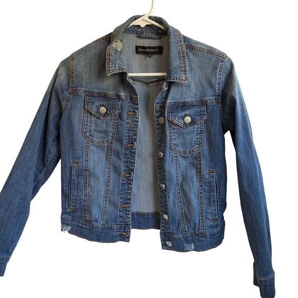 Prosperity women’s denim jacket. Distressed Stretchy. Size XS. Medium wash - Picture 1 of 7